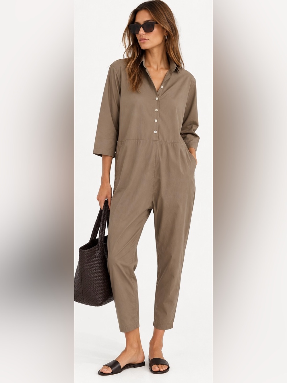 TKEES Poplin Jumpsuit Taupe Brown Relaxed One Piece Utility Romper